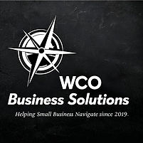 WCO Business Solutions logo featuring a white compass rose symbol and bold sans-serif text on a dark textured background. Includes the slogan “Helping Small Business Navigate since 2019,” emphasizing strategic guidance and long-standing support for entrepreneurs.