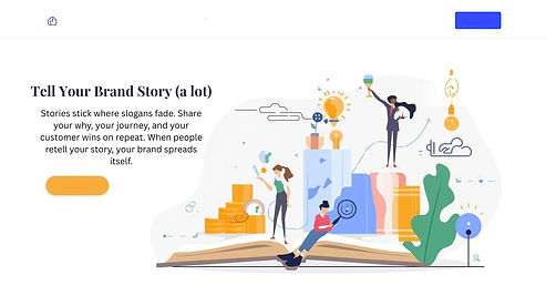 Illustration showing stylized human figures engaging with symbols of innovation and business growth. One person stands on coins holding a light bulb, another reads a book, and others interact with charts, gears, and dollar signs. Overlaid text reads: “Tell Your Brand Story (a lot). Stories stick where slogans fade. Share your why, your journey, and your customer wins on repeat. When people retell your story, your brand spreads itself.” The image emphasizes storytelling as a powerful branding strategy.