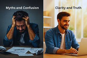 Split-screen image showing myths and confusion versus clarity and truth in business funding. Highlights emotional contrast be