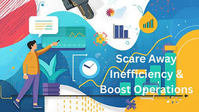 Vibrant business-themed illustration featuring a person pointing at a data chart surrounded by icons like bar graphs, pie charts, gears, magnifying glass, and clock—symbolizing analysis, efficiency, and operational strategy. Abstract shapes and upward arrows convey growth, with overlaid text reading “Scare Away Inefficiency & Boost Operations,” emphasizing productivity and improvement.