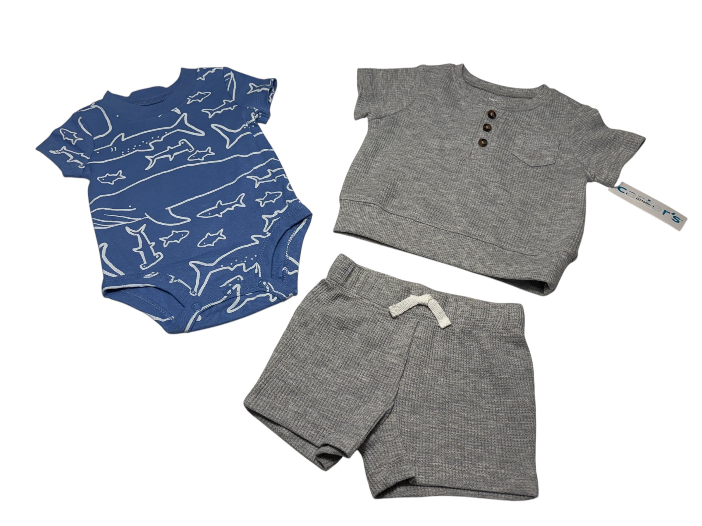 Grey Shirt, Grey Shorts And Blue Onesie With Sharks Set