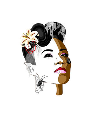 Black girl female character Simone, black eyes, spiders, webs, shaved head, flower, scary, horror