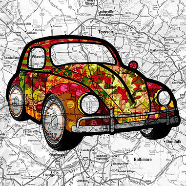 Potpourri VW Beetle Bug overlaid on vintage atlas road map, car art, vehicle art, transportation art