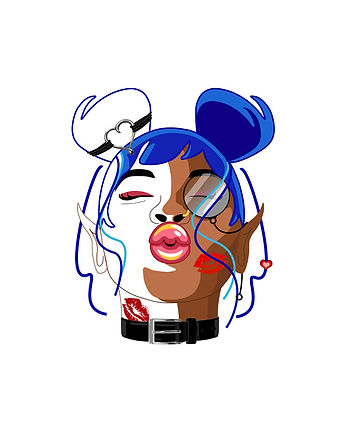 Black girl female character Rue with blue hair buns, monocle, kissing