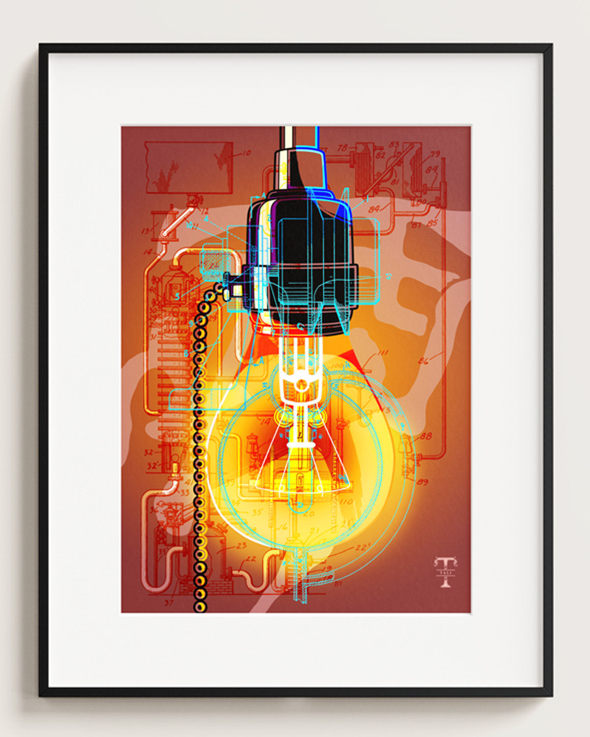 Vintage light bulb with technical designs