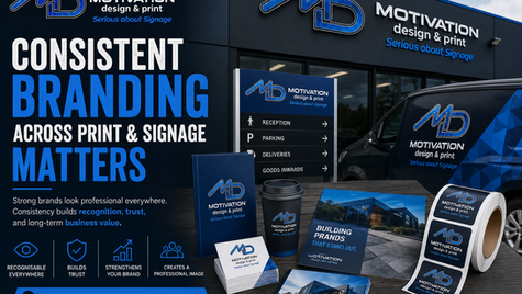 Consistent commercial branding across signage, vehicle graphics, print, and promotional materials by Motivation Design