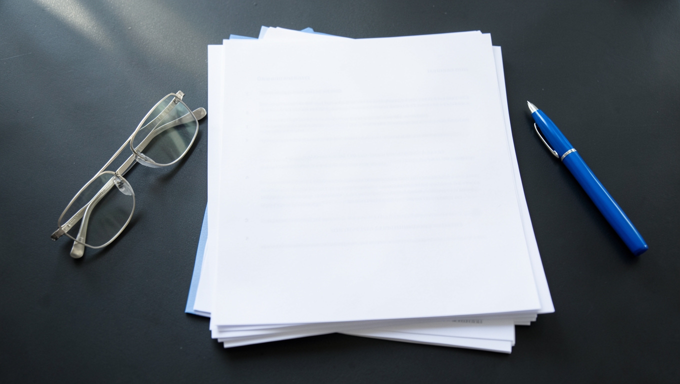 A stack of printed CVs on a desk with reading glasses and a pen