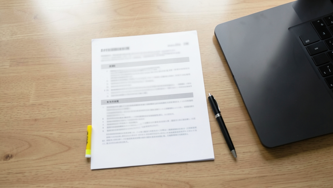 A printed staff AI policy on a desk beside a closed laptop, a pen and a highlighter