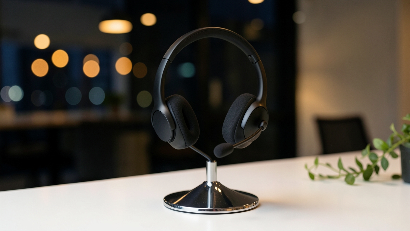 A black customer-service headset resting on a polished chrome stand on a white desk at night, with a trailing plant and warm bokeh office lights behind