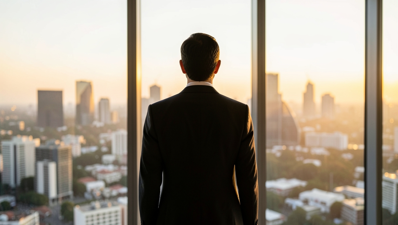 A businessperson seen from behind standing at an office window looking out over the Johannesburg skyline at golden hour