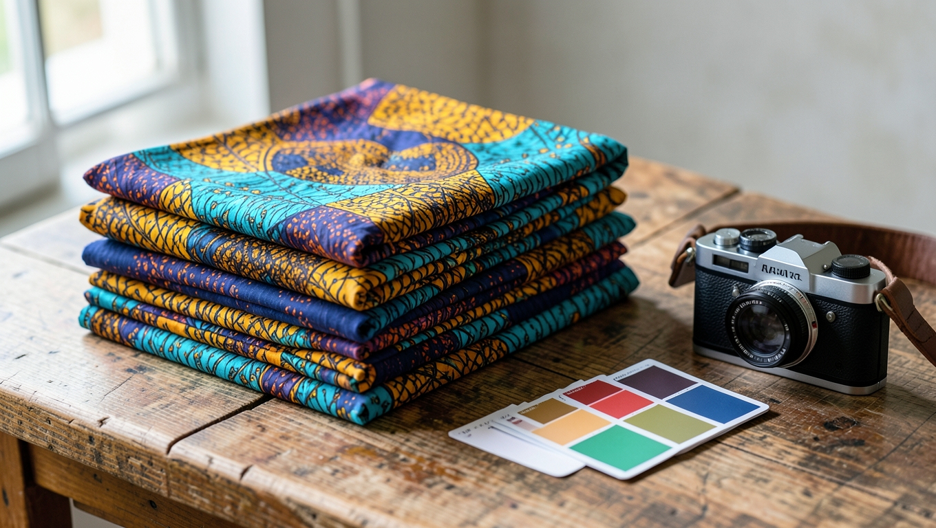 Folded vibrant African print fabrics in indigo, ochre and turquoise on a rustic wooden table with a film camera and colour swatches