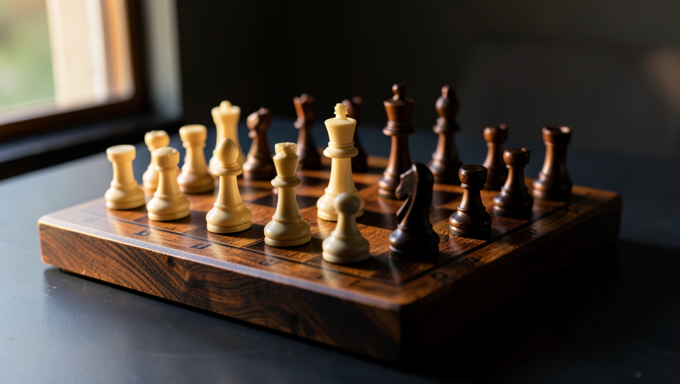 A wooden chessboard mid-game with carved ivory and dark wooden pieces under warm side light