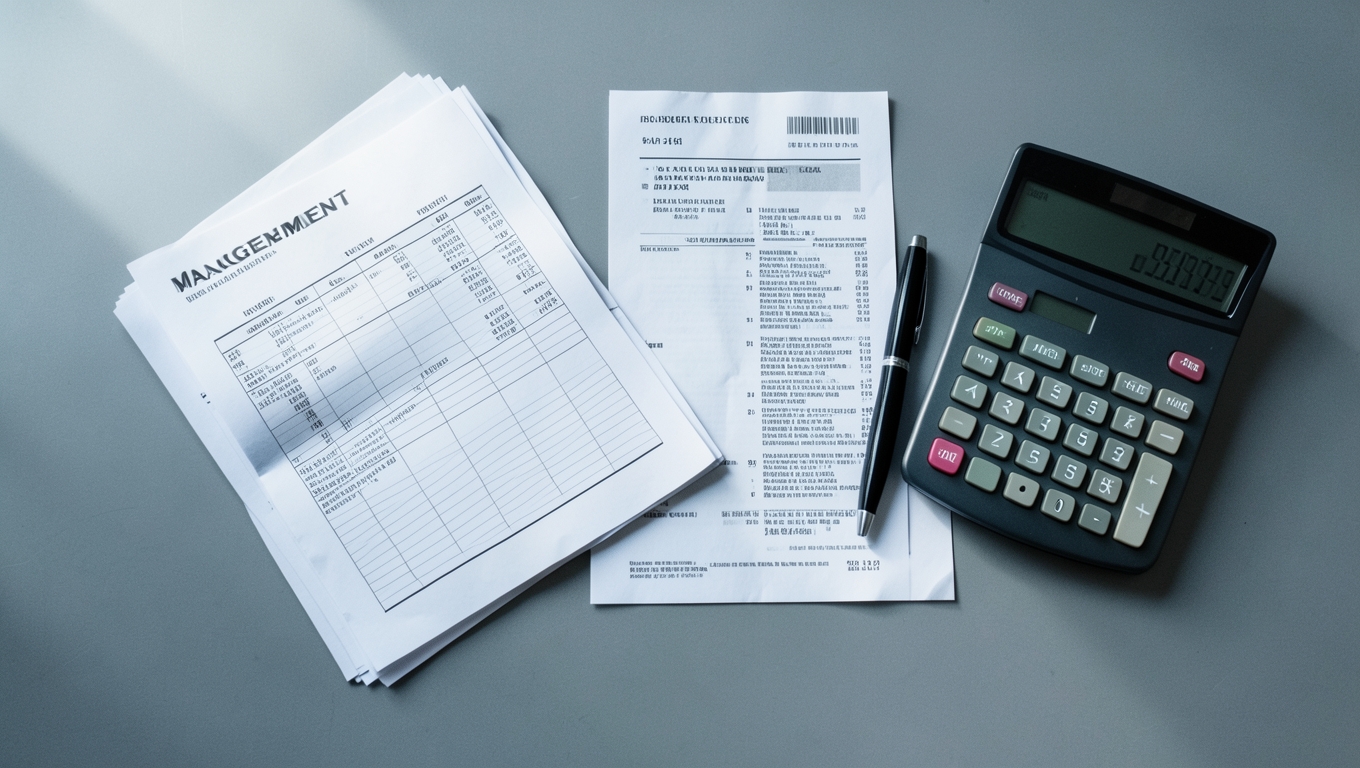 Printed management accounts, a bank statement and a calculator on an accountant's desk