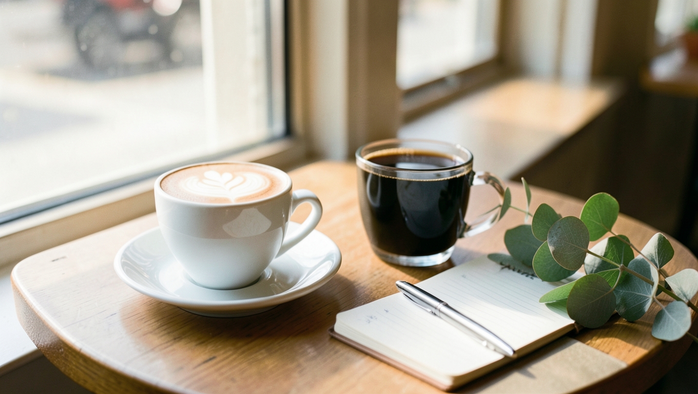 A cafe table by a window with two coffees, a notebook and a eucalyptus sprig in morning light