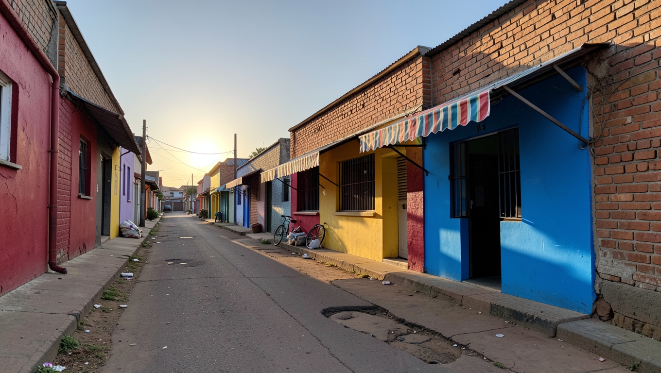 A vibrant South African township main street at sunrise with colourful small shops and awnings