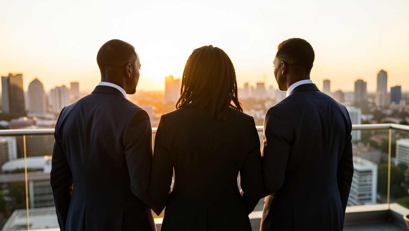 Three Johannesburg business colleagues seen from behind looking out over the city skyline at golden hour