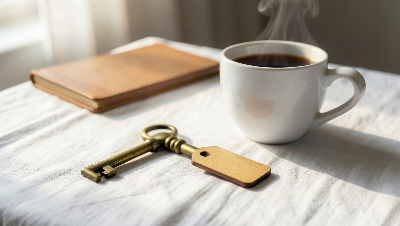 A vintage brass room key with a wooden tag on linen beside a steaming cup of coffee