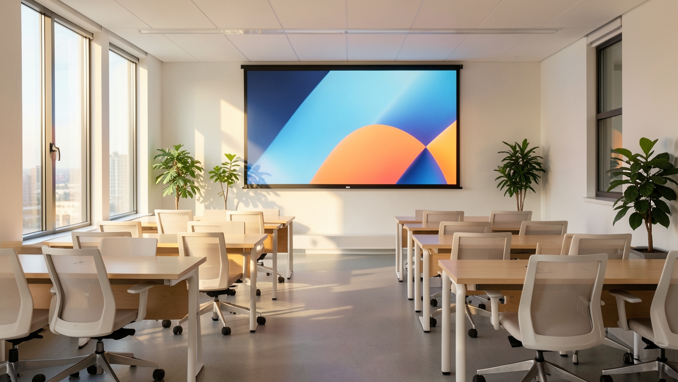 An empty modern training room with rows of light wooden desks and a large wall screen glowing with abstract blue and orange shapes
