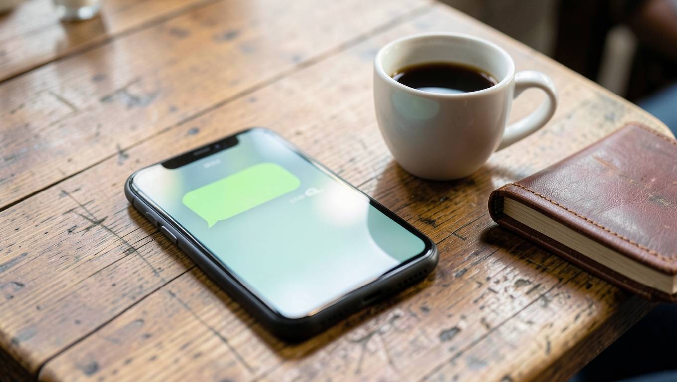 A smartphone on a rustic cafe table beside coffee and a notebook, the screen glowing with a green chat interface