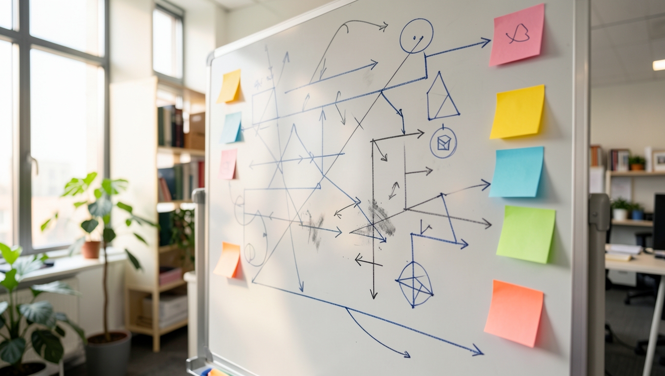 A whiteboard covered in abstract flow-chart diagrams, arrows and colourful sticky notes with no readable words