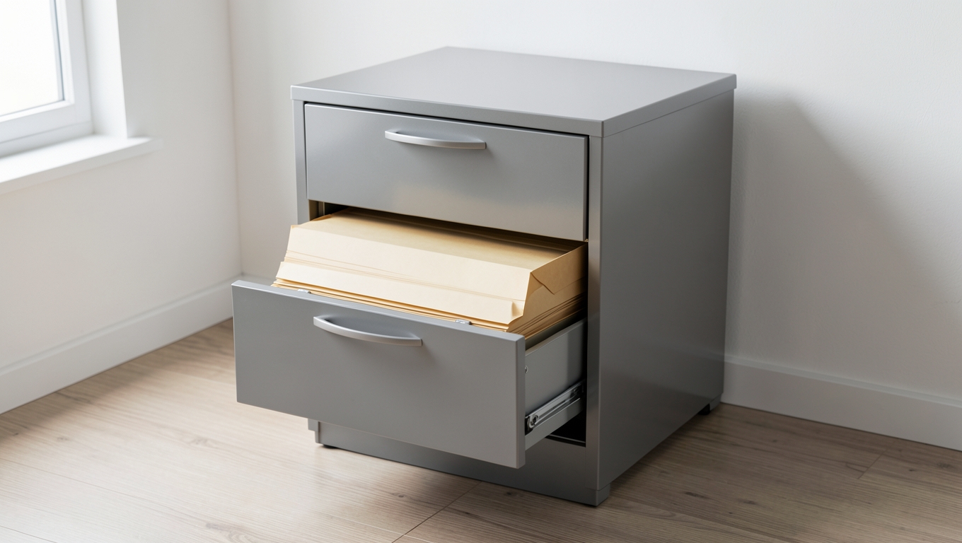 A tidy metal filing cabinet with one drawer slightly open showing neat blank folders in soft office light