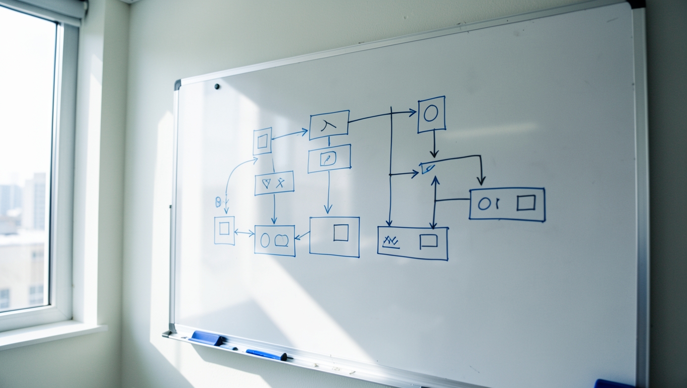 A process flow diagram drawn on a whiteboard in a bright office