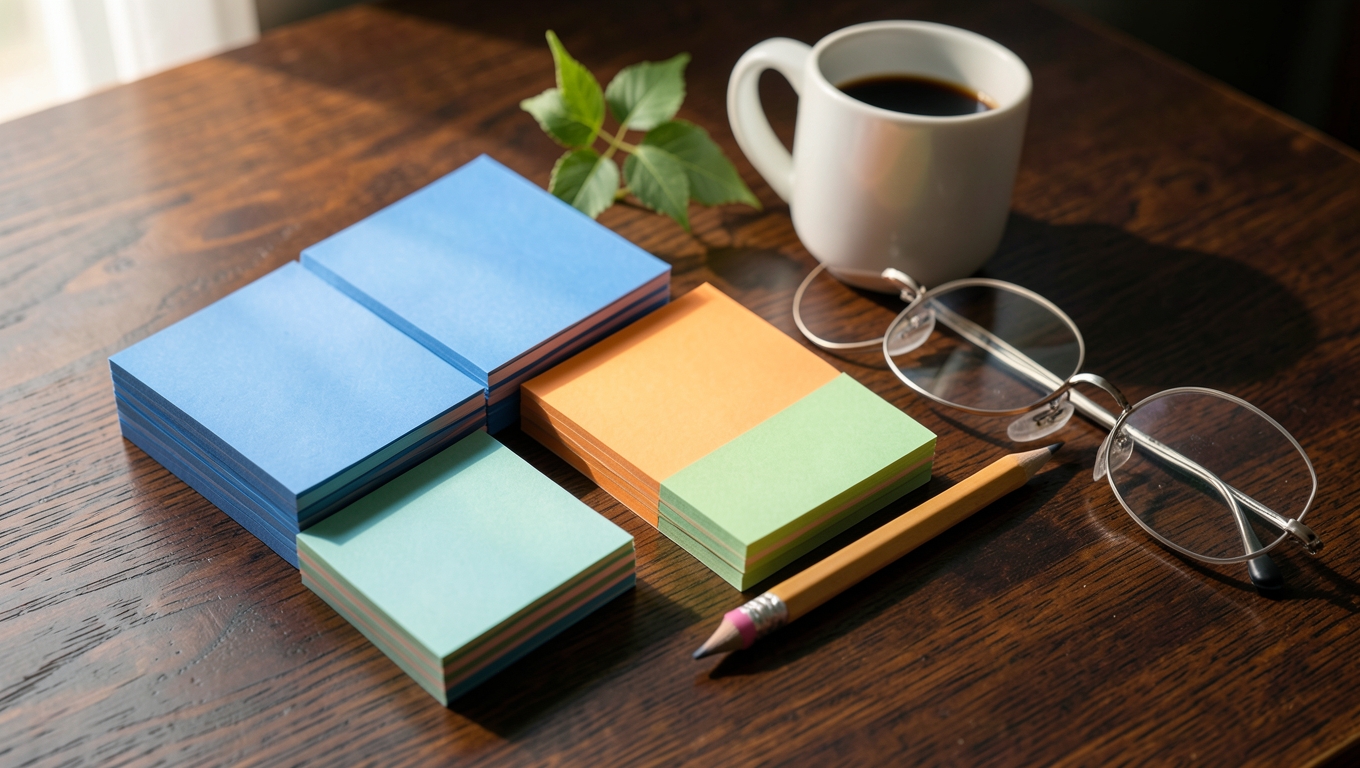A flat-lay of a dark walnut desk with a three stacks of coloured sticky notes, a sharpened pencil, round reading glasses and a cup of black coffee