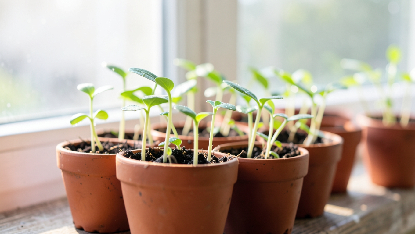 Young seedlings in small terracotta pots on a bright windowsill