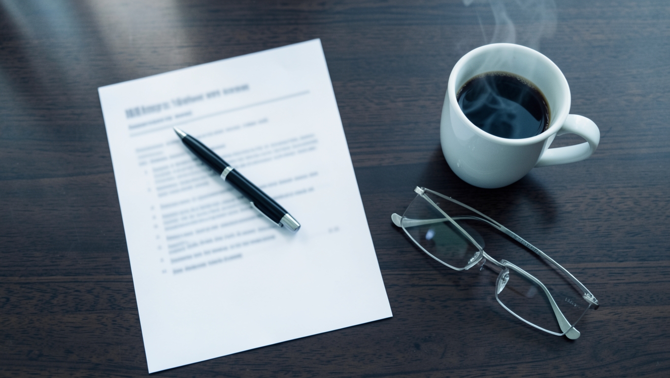 A printed AI consulting proposal with a pen, a cup of coffee and reading glasses on a boardroom table