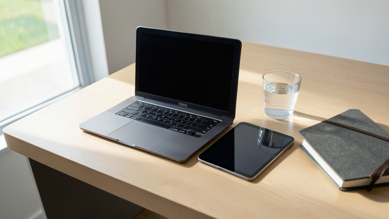 A tidy modern desk with a closed laptop, a dark tablet, a notebook and a glass of water in soft morning light