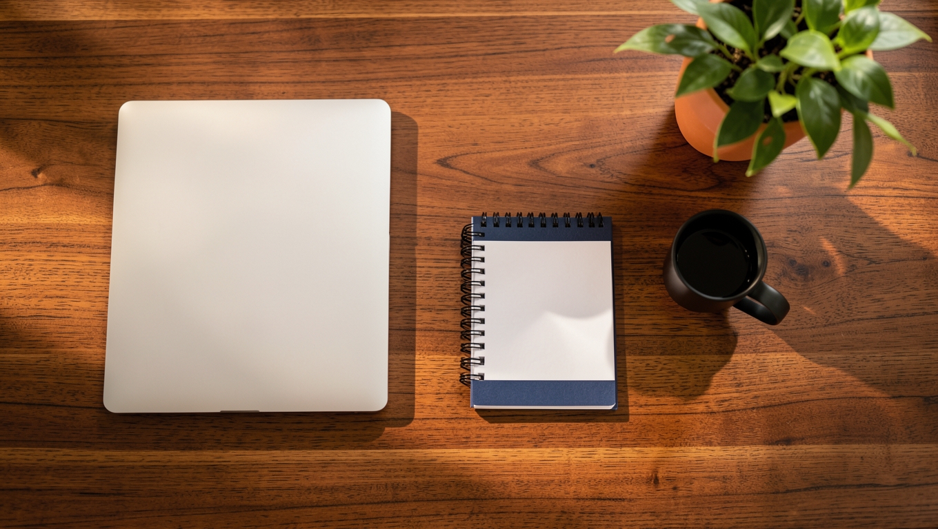 A tidy wooden desk with a closed laptop, coffee mug, notebook and potted plant in warm morning light