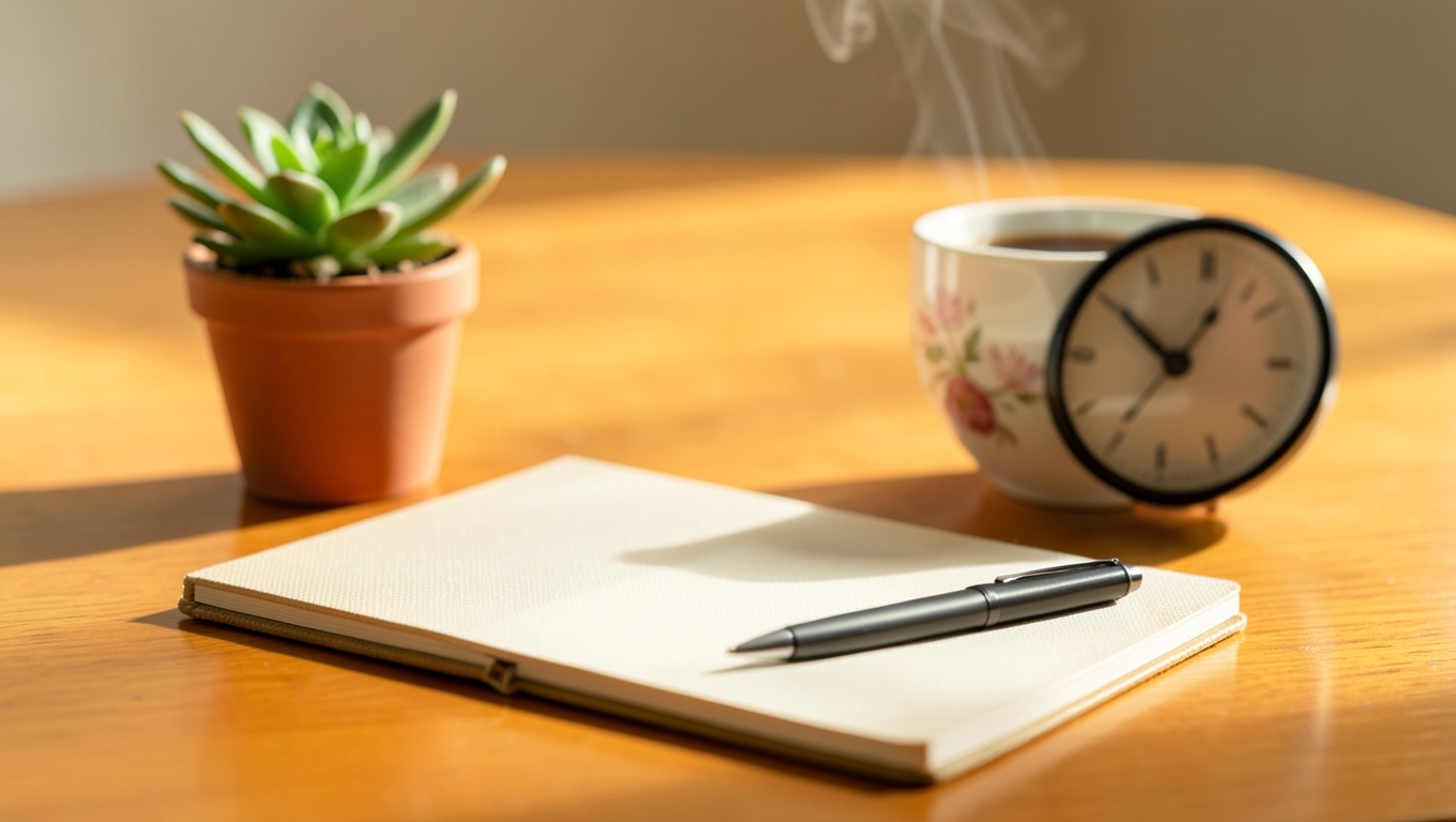 A warm wooden desk in morning light with a notebook, coffee and a small plant, ready for planning 2027