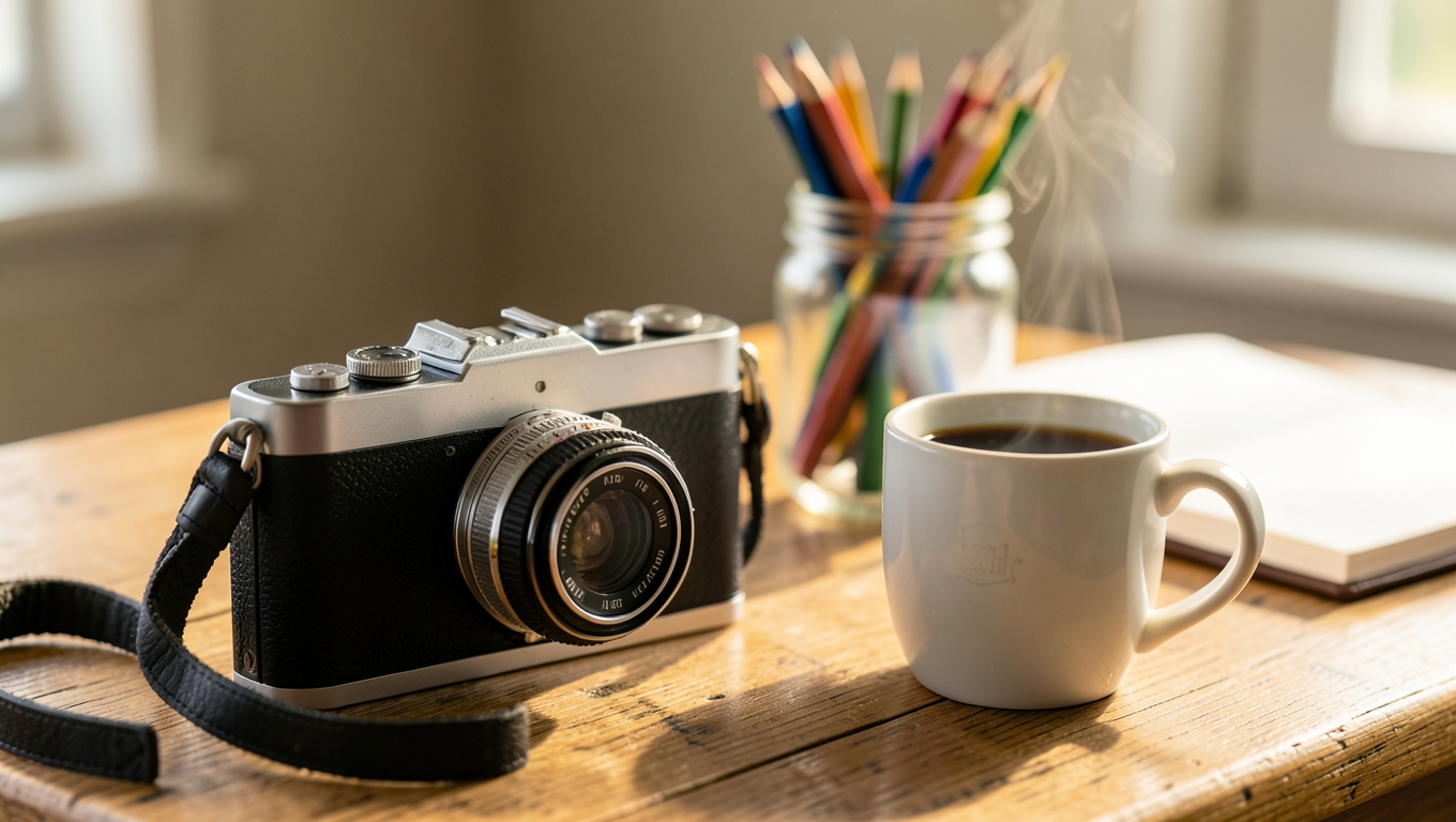 A vintage film camera on a wooden desk beside coffee, coloured pencils and an open sketchbook in warm light