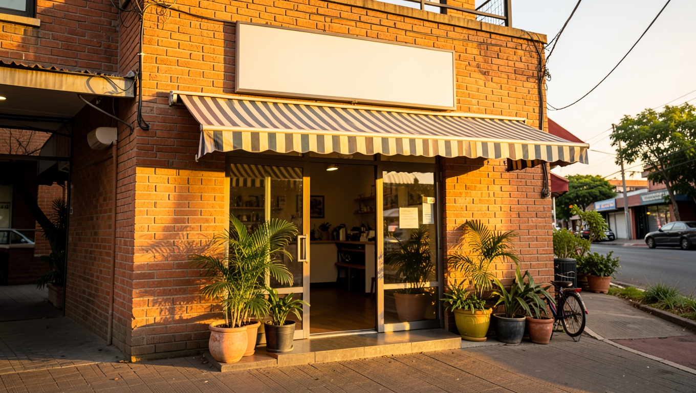 A charming small business storefront in Maboneng, Johannesburg at golden hour with warm light and potted plants