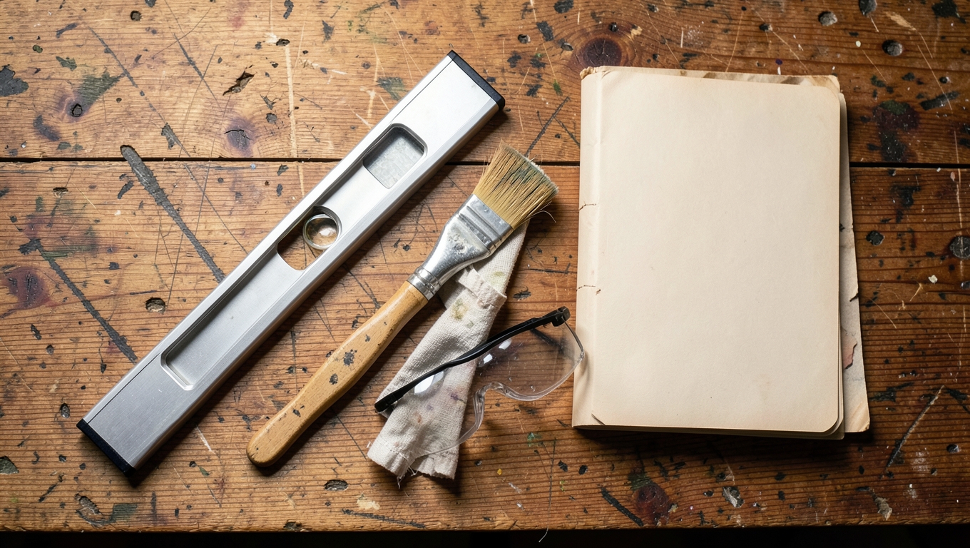 A flat-lay of workshop tools on a wooden bench: a spirit level, a paintbrush, safety goggles, a cloth and a blank notebook