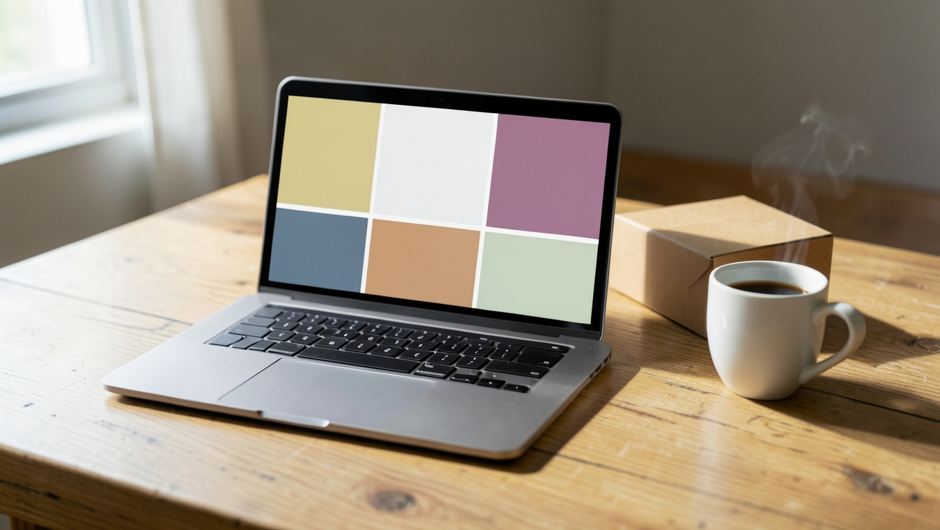 A laptop on a wooden desk with plain colour blocks on its screen, a small parcel box and a coffee cup beside it