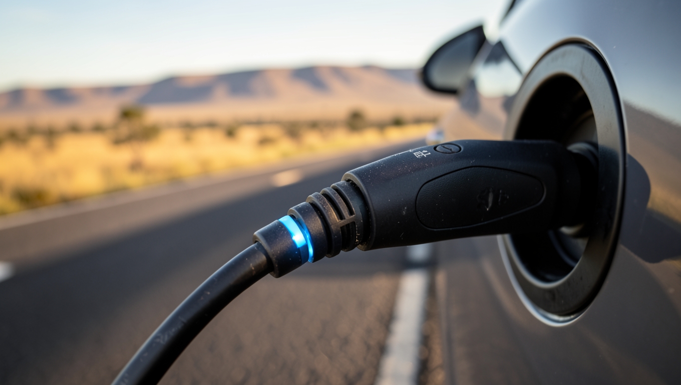 Close-up of an electric vehicle charging cable plugged in with a glowing blue indicator light