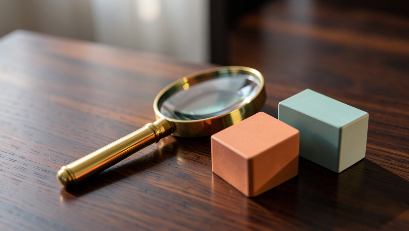 A polished brass magnifying glass resting beside three smooth wooden blocks in soft colours on a dark wooden desk