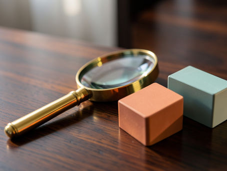 A polished brass magnifying glass resting beside three smooth wooden blocks in soft colours on a dark wooden desk