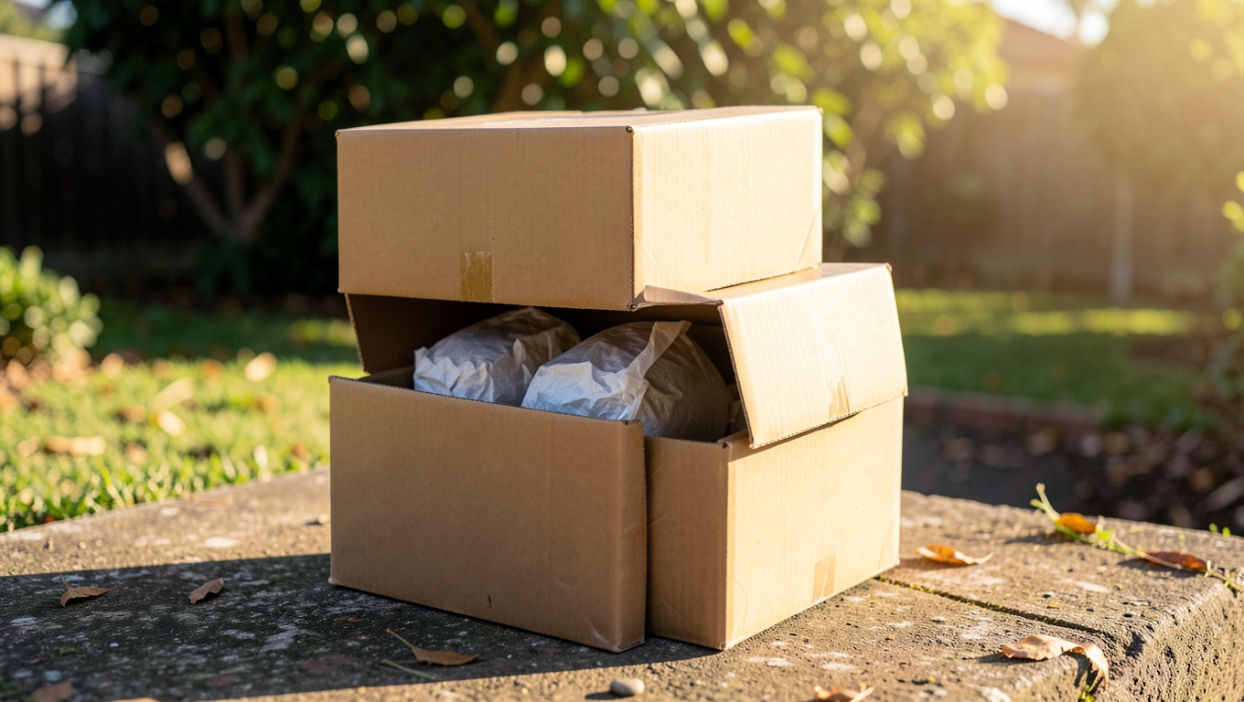 A neat stack of parcel boxes on a sunny suburban doorstep, one box open showing neatly wrapped products, green garden blurred behind