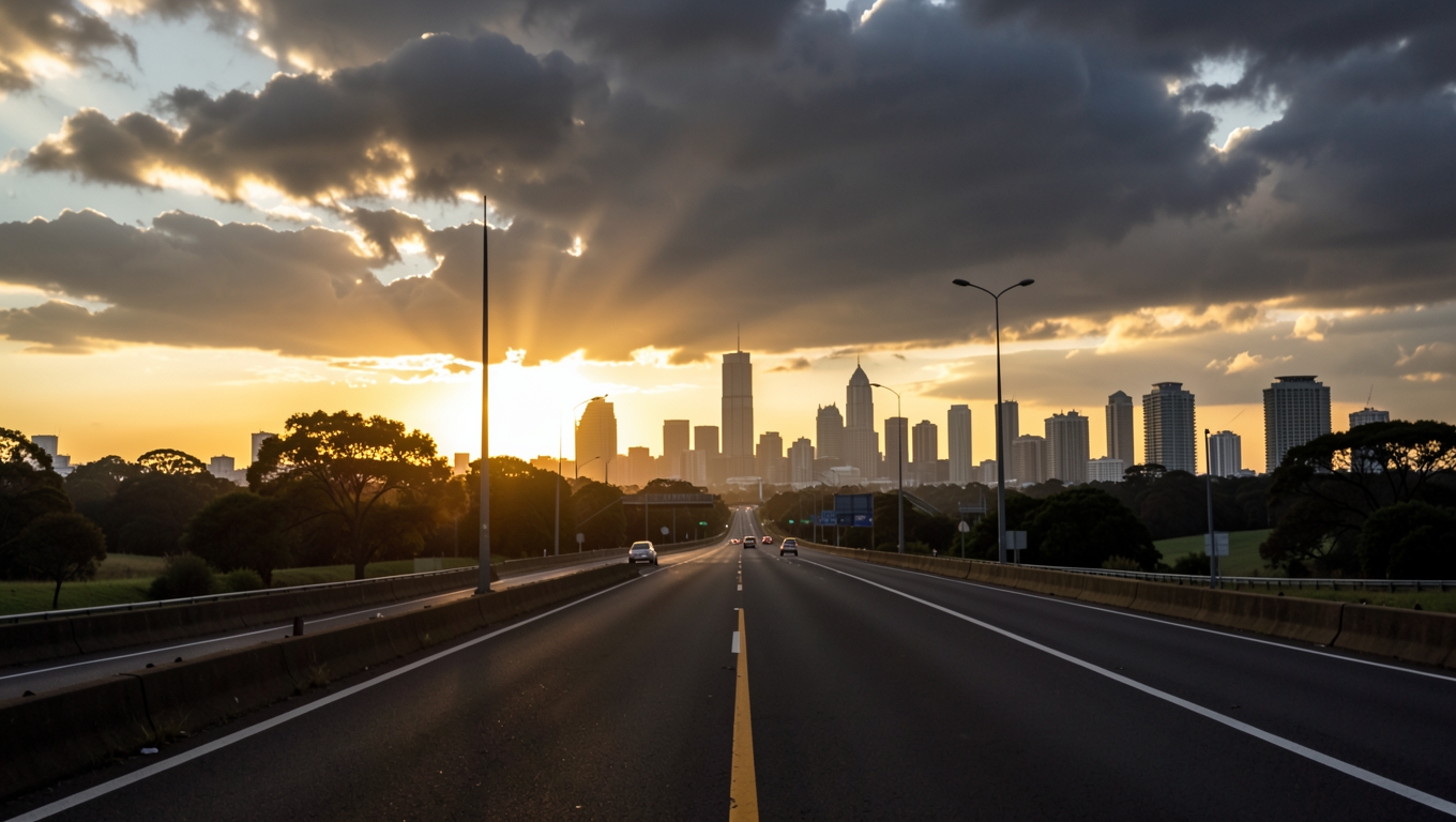 Sunrise over a Johannesburg highway leading toward the city skyline, a hopeful start to 2027