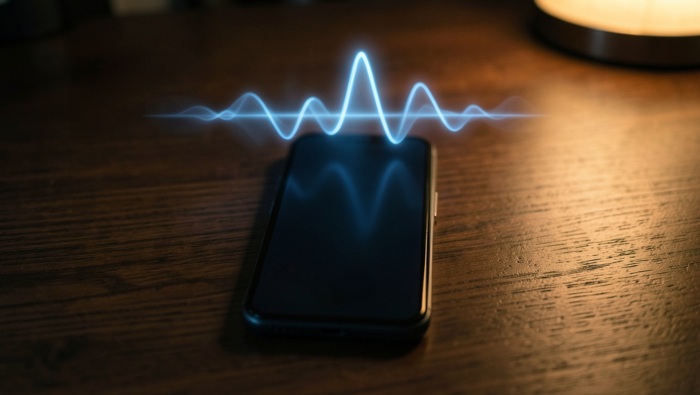 A smartphone on a dark desk with a glowing abstract blue audio waveform floating above it