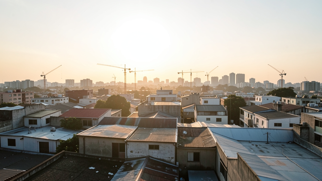 A Johannesburg skyline at sunrise with construction cranes on the horizon in warm golden light