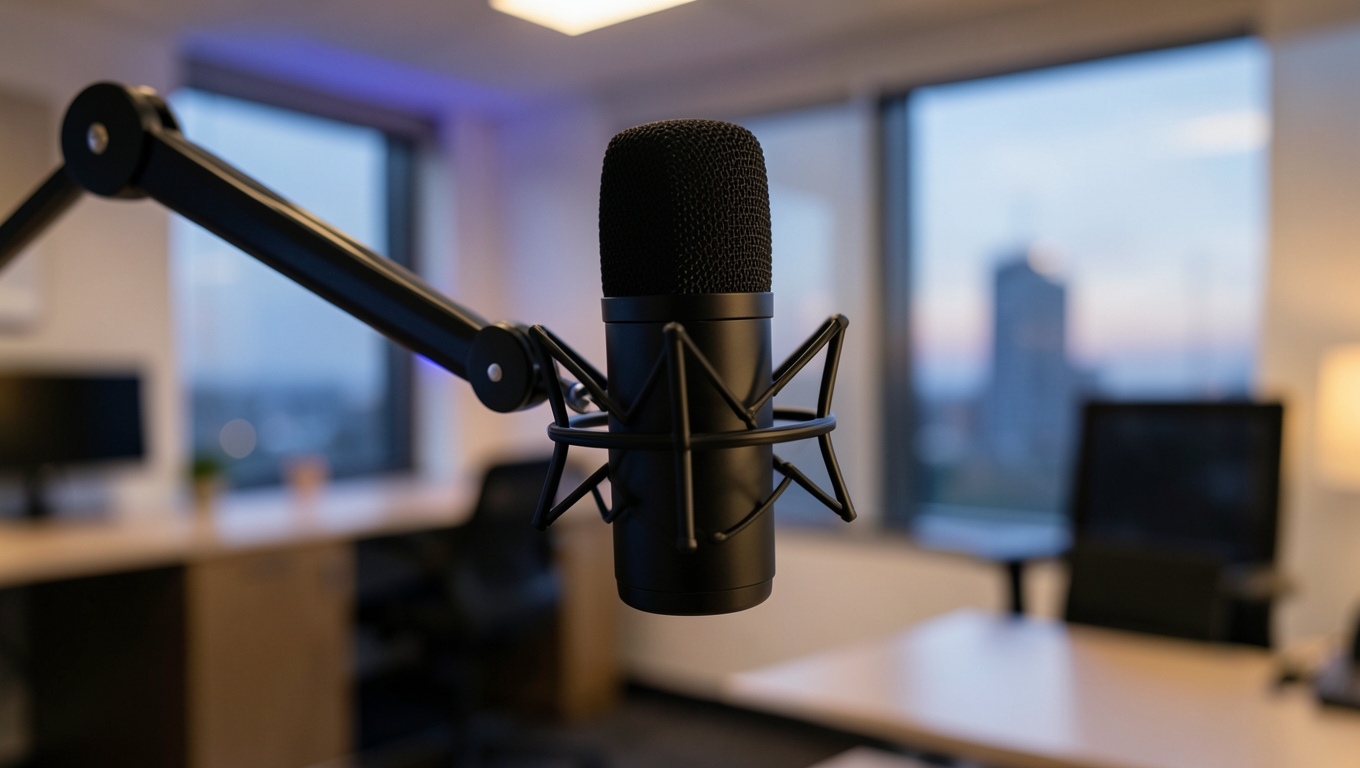 A matte black studio microphone on a boom arm in a warm office at dusk with soft blue light behind