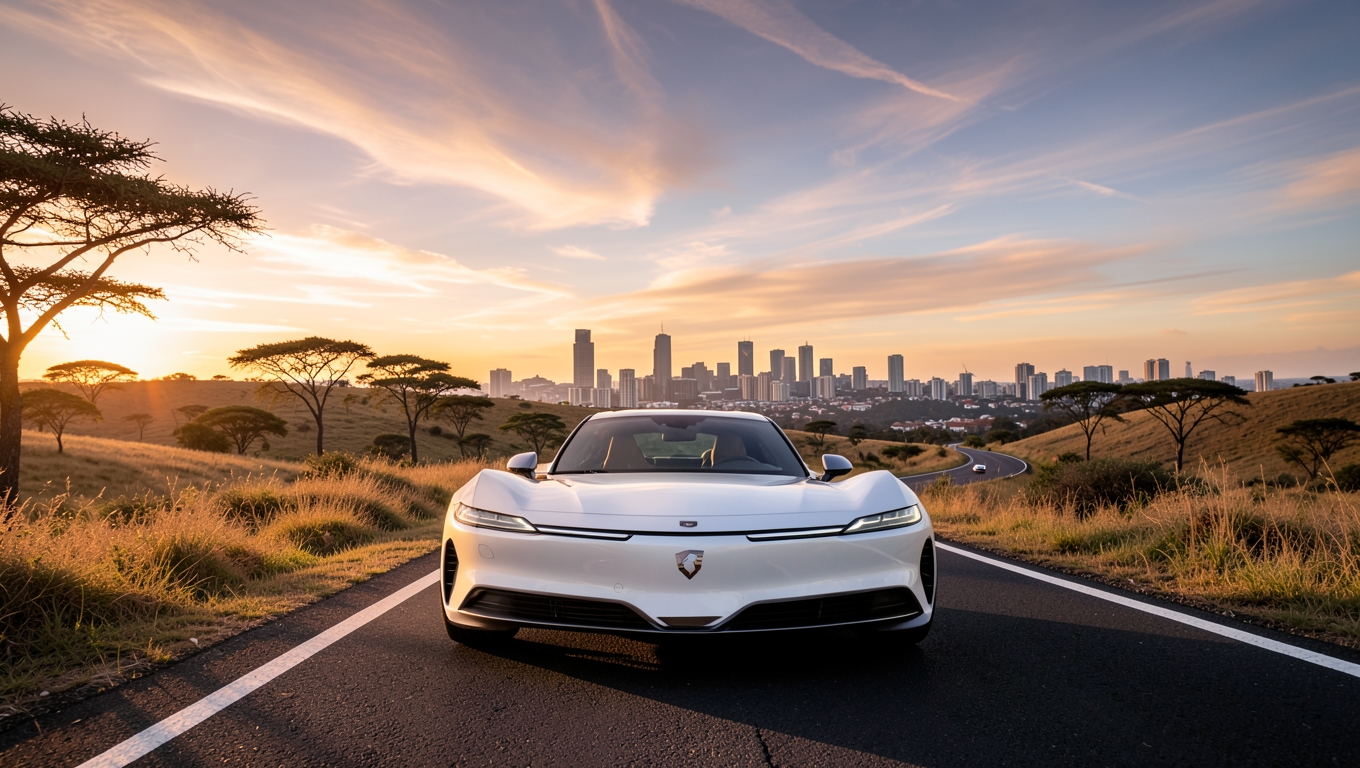 A white electric car on a highveld road at golden hour near Johannesburg with the city skyline in the distance