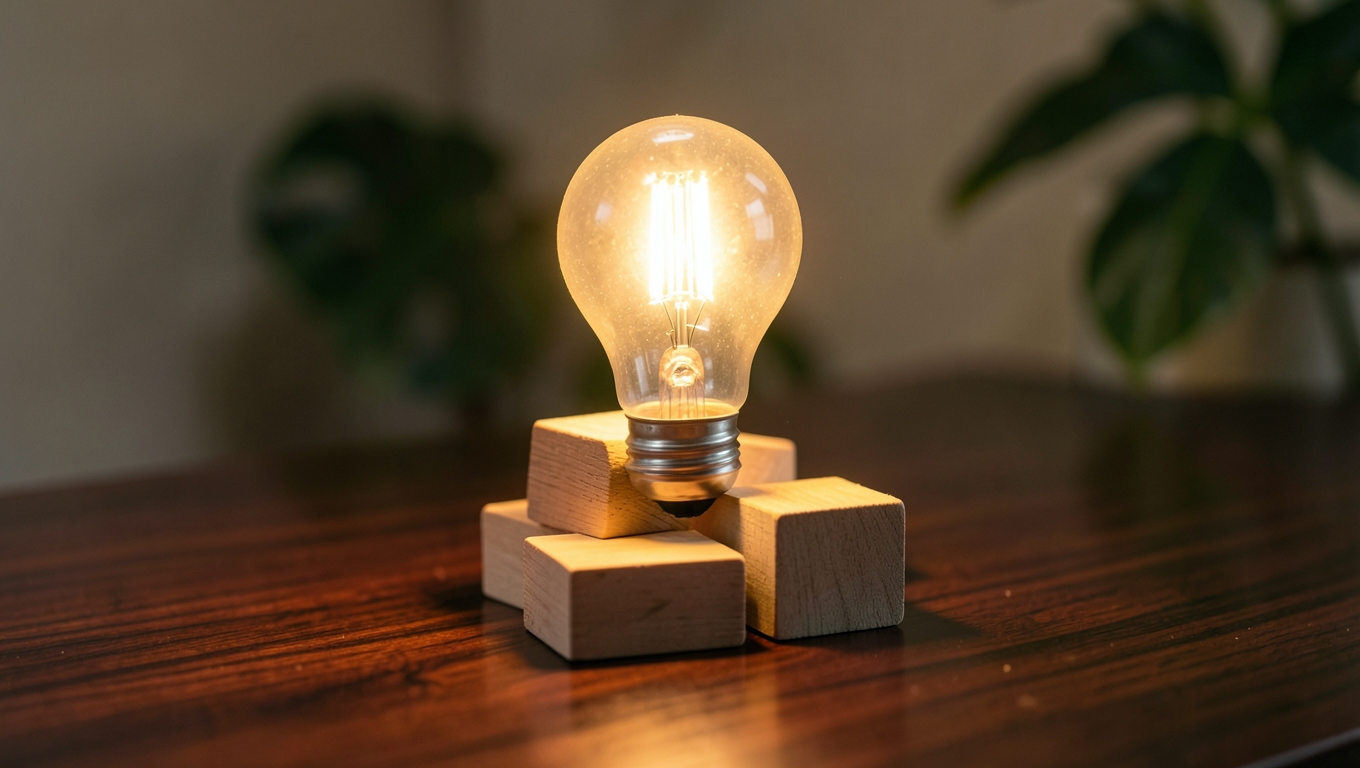 A glowing lightbulb resting on a small pile of plain wooden blocks on a dark desk
