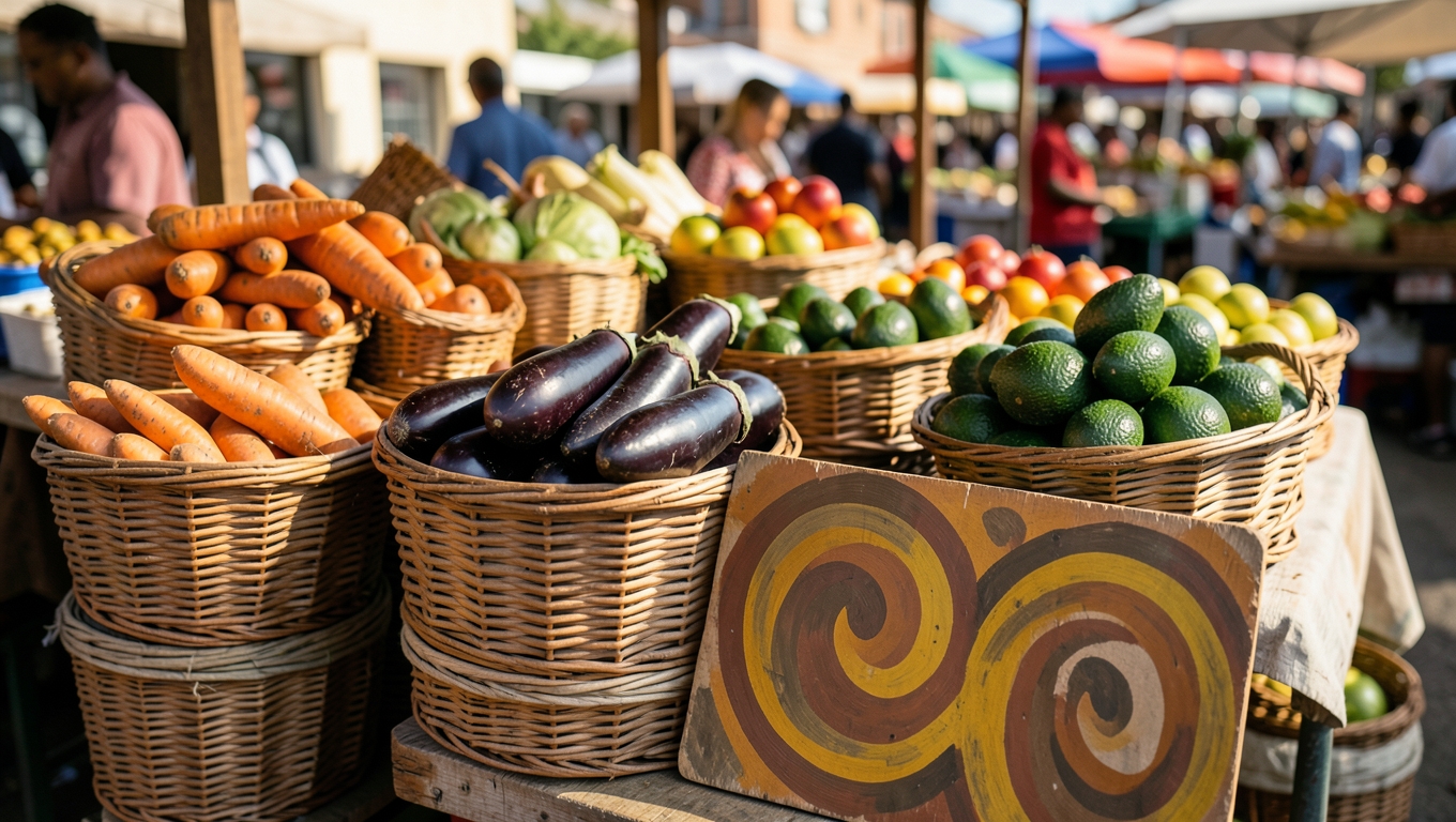 A colourful South African market stall with neatly stacked fresh produce baskets