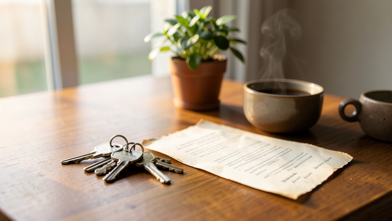 A wooden desk in warm morning light with a set of keys, a printed certificate without readable text, a potted plant and a coffee cup