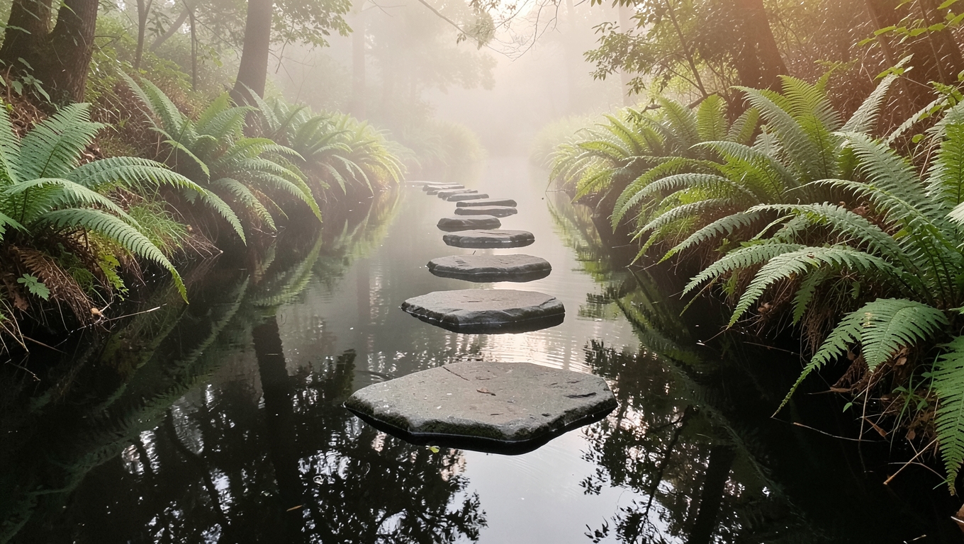 Stepping stones crossing a calm forest stream in soft morning mist