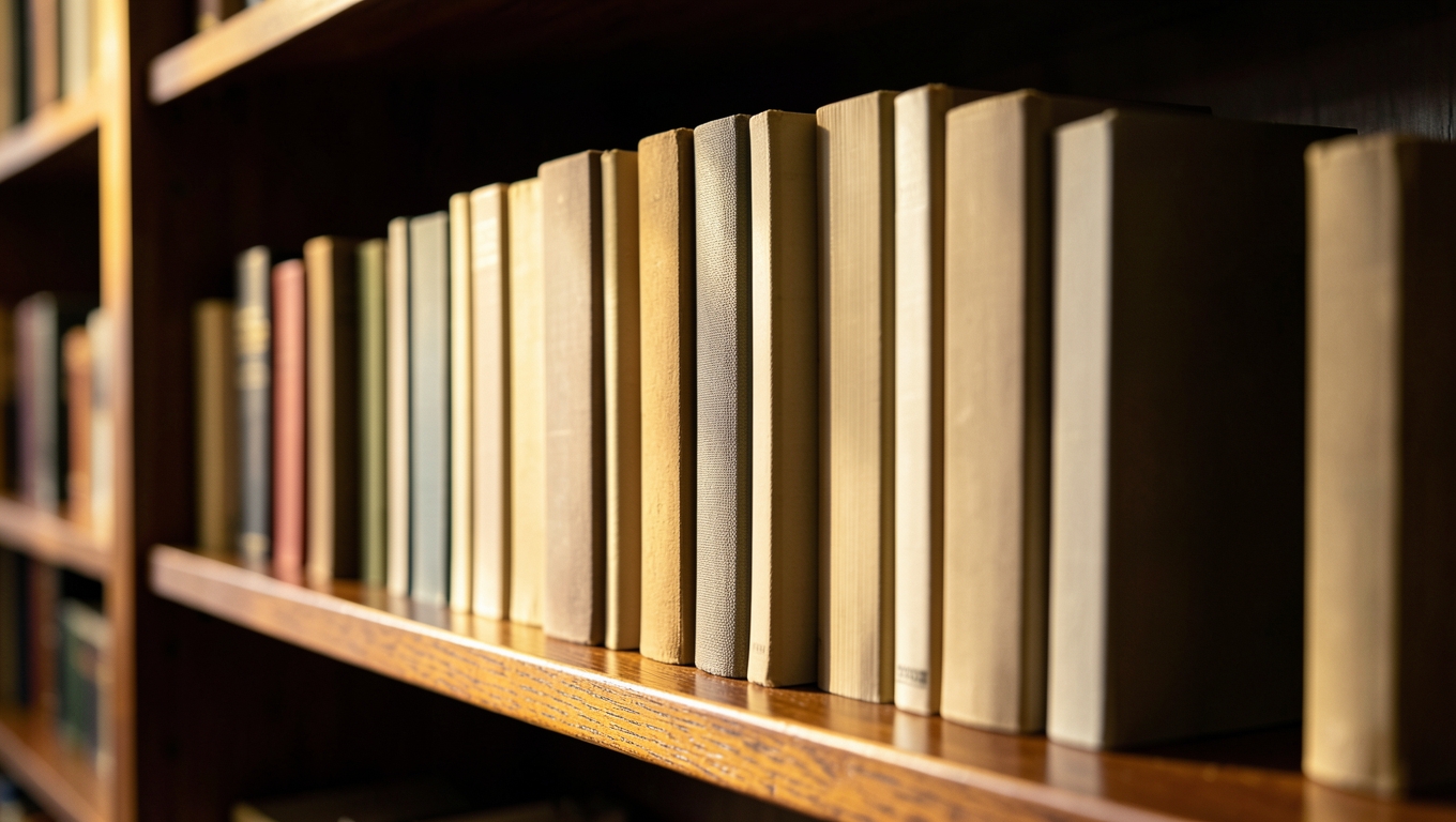 A neat row of hardcover books on a wooden shelf in warm library light